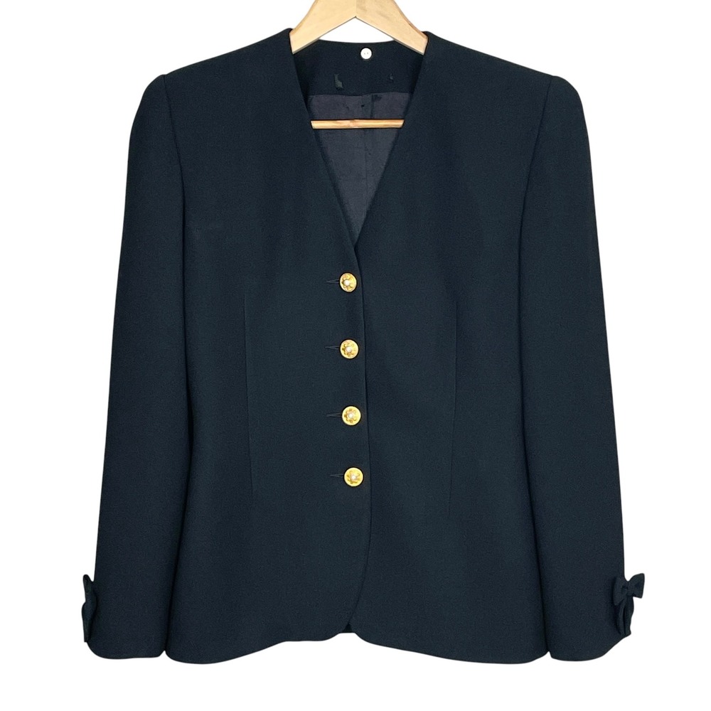 Vintage Womens Black Gold Button Bow Cuff Blazer Size M 90s Tailored Chic Career